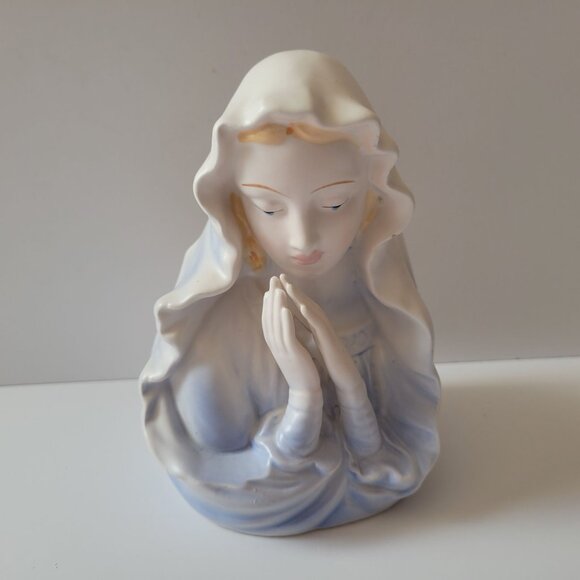 Napco Ceramic Virgin Mary Head Vase Planter 7 Inch Blue & White Religious Decor - Picture 9 of 9